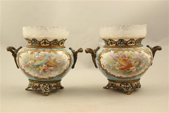 A pair of Sevres style porcelain champleve enamel and gilt brass mounted vases, c.1900, 14cm x 17cm